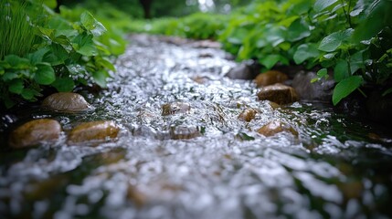 Fototapeta premium Lush greenery frames a shallow stream flowing over smooth stones.