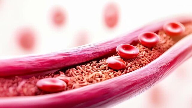 Cross section of blood vessel showing red blood cells, plaque buildup, and artery details in detailed cell cross section view.