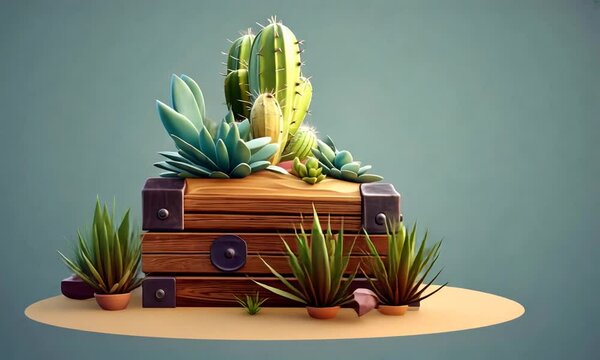 Stylized 3D Render of a Wooden Chest Filled with Desert Succulents and Cacti