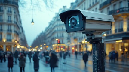 Fototapeta premium Security camera on a Parisian street, monitoring a blurred crowd of pedestrians at dusk.