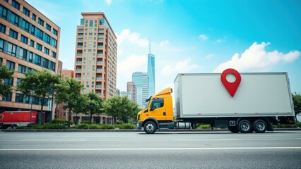 Fototapeta premium Urban Delivery Truck in Motion: Perfect for Logistics, Transportation, and Cityscape Imagery