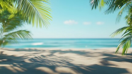 Obraz premium A vibrant summer-themed background featuring a clean, pristine sandy beach. The composition includes soft shadows of swaying palm leaves cast over the sand.