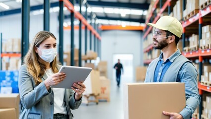 Warehouse Workers in Protective Masks Using Tablet for Inventory Management