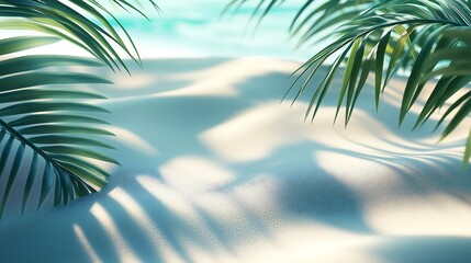 Fototapeta premium A vibrant summer-themed background featuring a clean, pristine sandy beach. The composition includes soft shadows of swaying palm leaves cast over the sand.