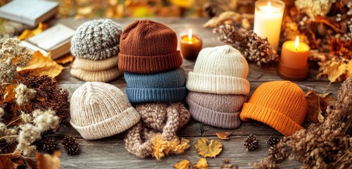 A collection of beanies in earthy fall tones, casually arranged on a vintage wooden table surrounded by dried flowers and candles.