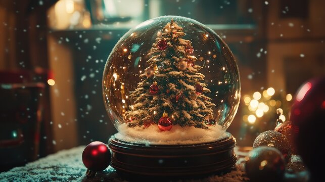 A charming snow globe featuring a beautifully lit Christmas tree, encircled by glittering snow and colorful ornaments.