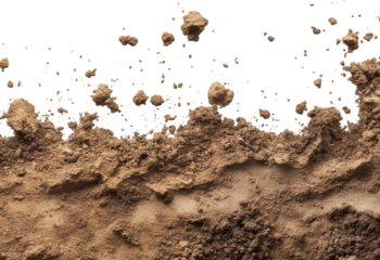Flying dirt particles in motion against transparent background, dynamic action concept