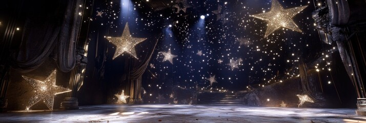 A stage with sparkling stars and lights, creating a magical atmosphere for performances.