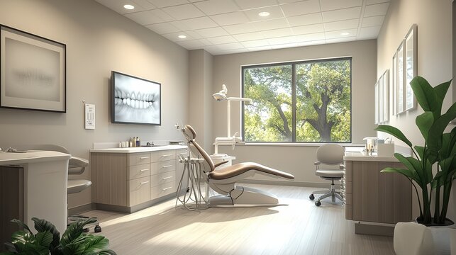 A modern dental office featuring a treatment chair, dental equipment, a large window with natural light, and a welcoming atmosphere.