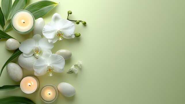 Serene and Tranquil Arrangement of White Orchids, Candles, and Smooth Stones on a Soft Green Background for Relaxation and Wellness Themes