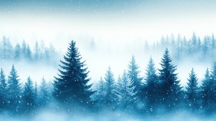 Naklejka premium A serene winter landscape with snow-covered trees and a misty atmosphere.