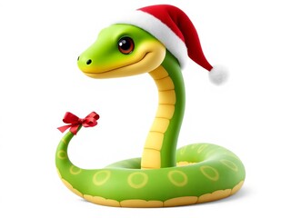 A cute snake wearing a Santa hat is holding a gift box
