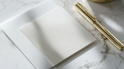 an elegant postcard mockup resting on a white marble desk, with a luxury gold pen beside it, providing an upscale and sophisticated aesthetic. The texture of the card is crisp and detailed.