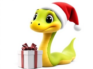 Fototapeta premium A cute snake wearing a Santa hat is holding a gift box