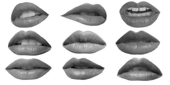 Lips and mouth in scream with monochrome photocopy effect, for grunge punk y2k collage design. Elements in stipple halftone brutalist retro design.
