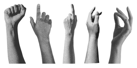 hand with monochrome photocopy effect, for grunge punk y2k collage design. Elements in stipple halftone brutalist retro design.  © jamalstudio