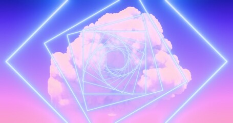 Cloud and geometric lines of glowing neon light. Abstract cloudscape of dreamy fantastic color. 3D rendering.