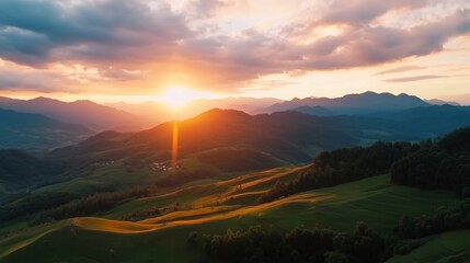 Majestic sunrise over rolling hills and mountains in a tranquil landscape