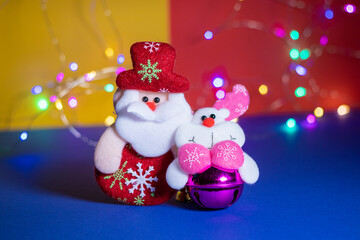 New Year's Holidays. New Year backgrounds. Christmas ornaments and decorations. New Year symbols. Santa Claus. Snowman. Winter fairy tale backgrounds.