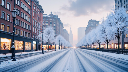 In the city with old buildings, in winter, covered with snow. Winter background. AI generated.