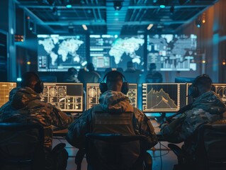 Military Operation Center with Soldiers Looking at Screens
