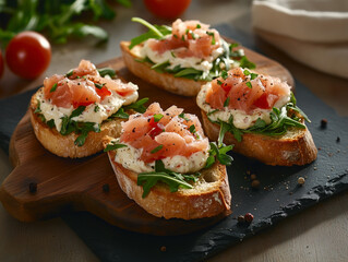 Gourmet Bruschetta Assortment on Rustic Wooden Board 
