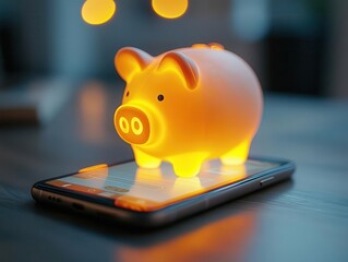 A glowing savings app displayed on a smartphone beside a symbolic piggy bank, cinematic depth and focus