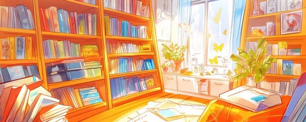 A cozy reading nook filled with books, sunlight, and plants, creating a peaceful atmosphere.