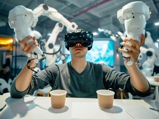 Man wearing a VR headset interacts with a robot arm in an industrial setting.