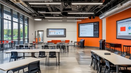 imagine prompt: A sleek, modern safety training room within a factory, showcasing minimalist design elements,  