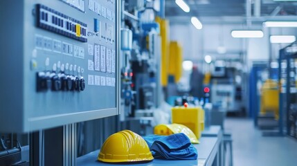 imagine prompt: A sleek PPE station in a factory, displaying neatly arranged safety gear and instructions, surrounded by a tidy environment that encourages proper usage and 