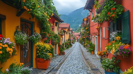 Fototapeta premium A street with houses on either side and a lot of flowers in pots