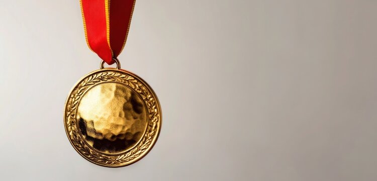 A close-up of a shiny gold medal hanging from a bright red ribbon, against a plain white background with soft shadows and room for congratulatory text.