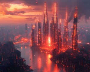 Fototapeta premium A modern cityscape powered by capital investment, represented by glowing economic nodes, warm cinematic tones