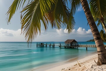Low angle shot of lush green palm trees reaching towards clear blue sky creating sense of tropical paradise