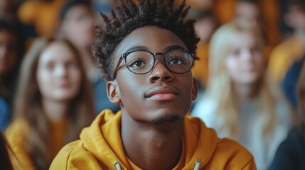 Obraz premium Energetic group of Gen Z students are fully engaged, listening intently during an educational lecture, surrounded by peers in a colorful classroom filled with enthusiasm