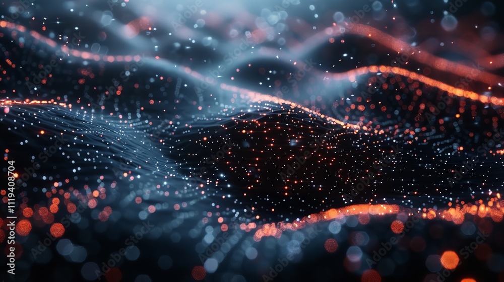 Poster tech data particles - abstract background with digital waves technology background.