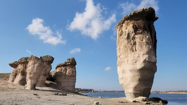 Magical rock formations by the side of the Lake Emre which is a serene natural oasis, surrounded by lush greenery and ancient rock formations in the heart of Phrygian Valley in Afyonkarahisar.