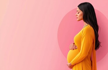 indian pregnant woman standing on pink background
