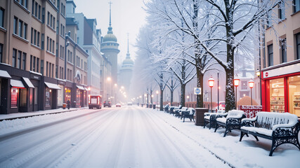 Obraz premium In the city with old buildings, in winter, covered with snow. Winter background. AI generated.