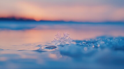 A delicate snowflake glimmering on untouched snow, with a blurred icy background