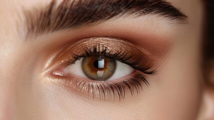 Obraz premium Close-up of a Woman's Eye with Makeup. A Stunning Macro Shot Showcasing the Details of Eyelashes, Eyeshadow, and Skin. Beauty, Fashion, and Cosmetics Photography.
