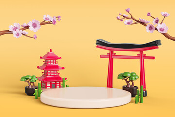 Obraz premium 3d japanese podium with torii red gate, pagoda tower, sakura branch, bonsai tree, bamboo on yellow background render. Spring travel banner with pink cherry blossom for product display. 3D illustration