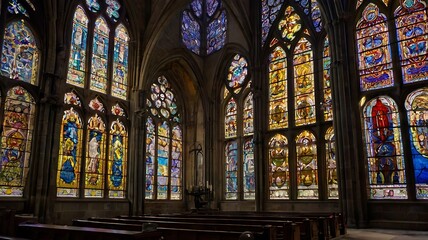 Gothic Cathedral Interior With Stunning Stained Glass Windows
