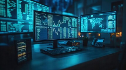 Fototapeta premium A serene financial workspace with glowing banknotes and investment portfolios displayed on sleek monitors, cinematic depth