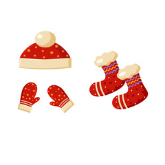 Set of knitted things hat socks gloves isolated on white background, vector.