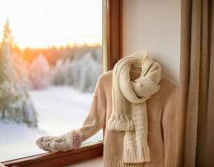 Warm knitted clothes on window sill overlooking snowy winter landscape at sunset