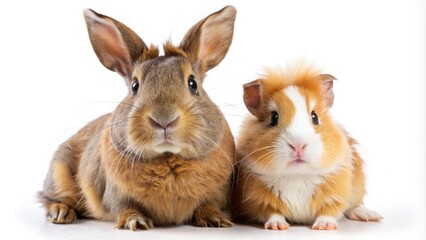 Obraz premium Adorable Dwarf Rabbit and Guinea Pig Friends: White Background Studio Photo