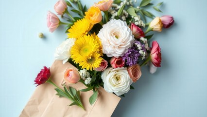 Colorful Flower Bouquet in Kraft Paper Bag: Perfect for Spring Celebrations and Gift Giving