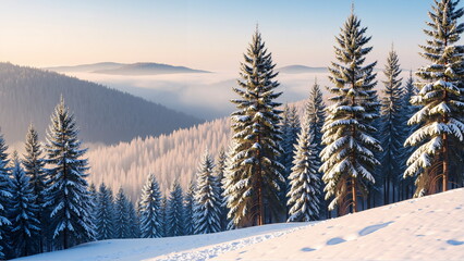 Pine forest in winter, the ground is covered with snow. AI generated.